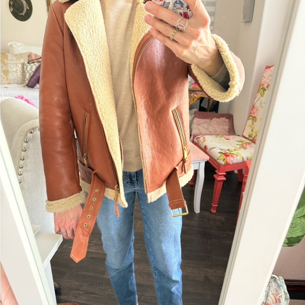 Rebecca Minkoff Sienna Tan Leather Moto Jacket with Cream Shearling - Picture 2 of 9